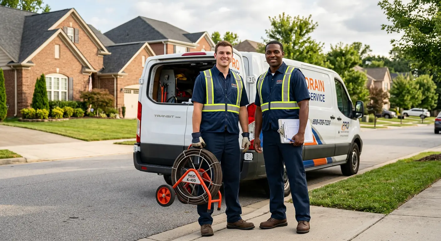 Sewer and drain service team with equipment ready for work in Bullard