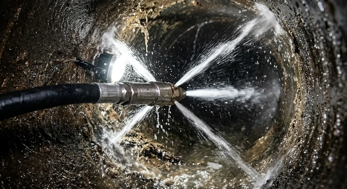 High-pressure hydro jetting nozzle cleaning sewer pipe for Storm Drain Cleaning in Bullard