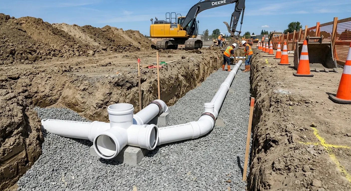 New PVC sewer pipe installation in open trench for Commercial Drain Cleaning in Bullard