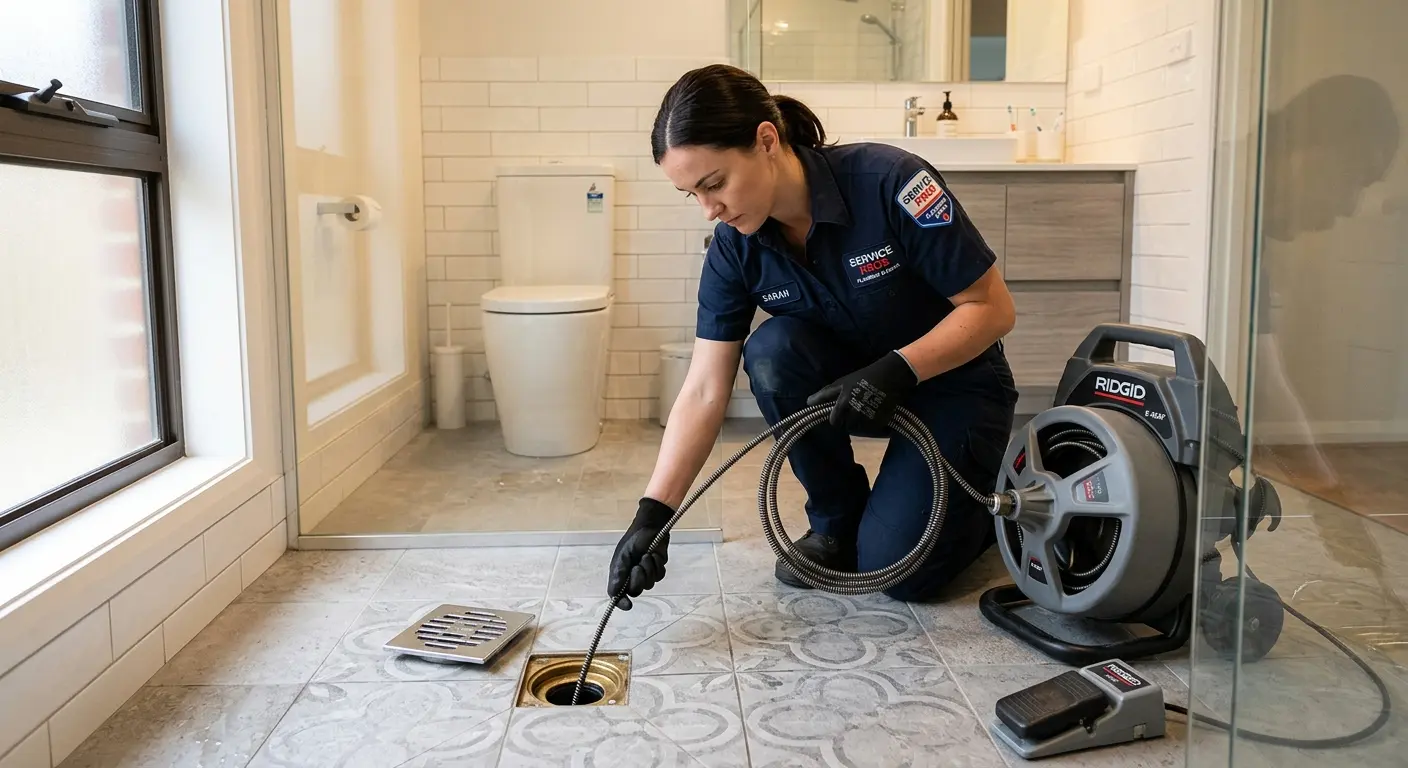 Technician clearing a bathroom floor drain for Clogged Drain Repair in Bullard